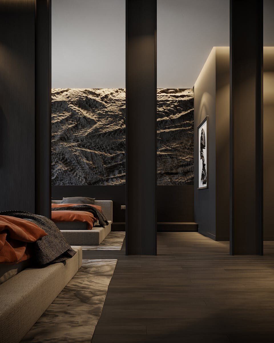 Sleek modern bedroom design with minimalist decor and warm tones.